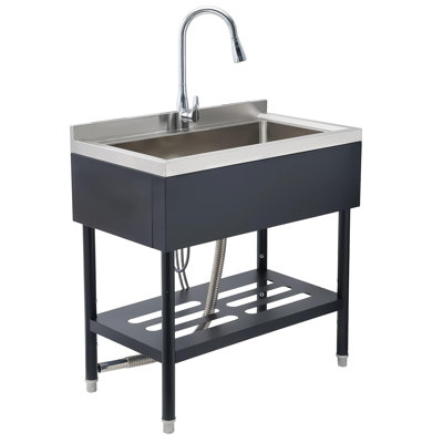 36*20*39inch Freestanding Large Capacity Stainless Steel Utility Sink – Hot & Cold Pull‑Out Faucet, Laundry Sink with Storage Shelf & Drain Kit – For Garage, Kitchen, Backyard & Commercial Use