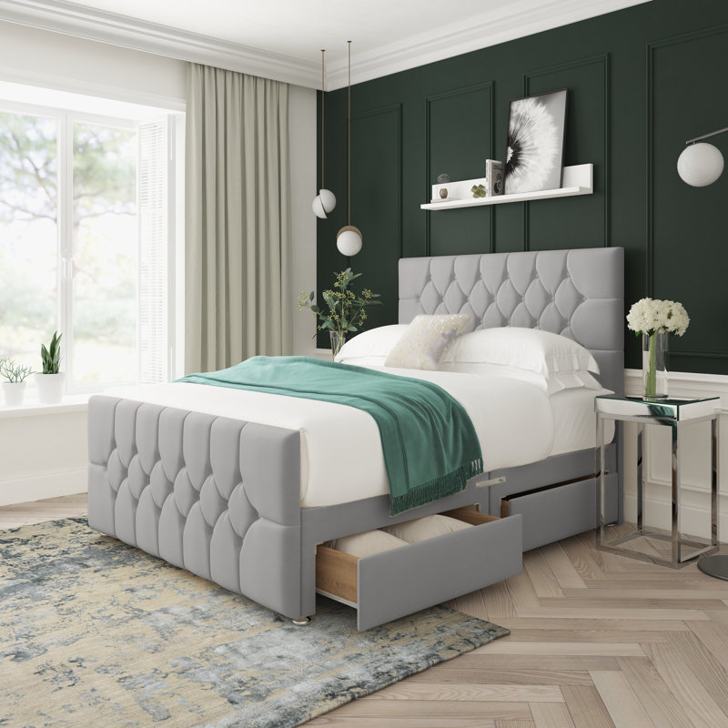 Upholstered Divan Bed, Small Double (4'), Grey, 4 Drawers