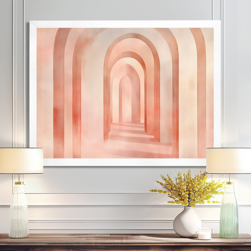 Rose Ivoire Blush Arch Glow II - Tableau abstrait Art déco encadré, H 30 po x l 40 po, Cadre photo blanc