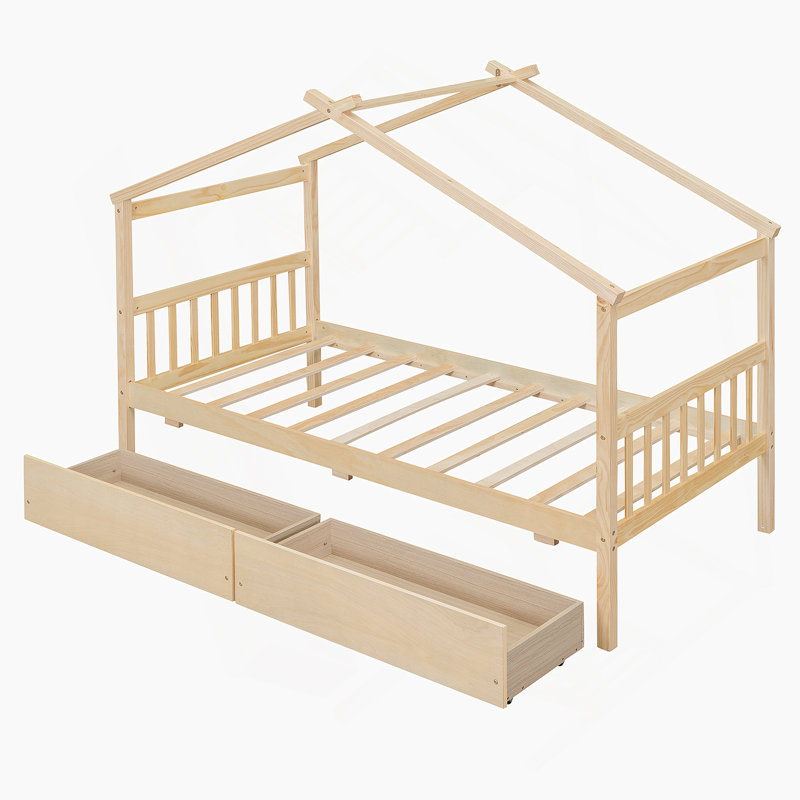 Lit en bois avec tiroirs, Naturel