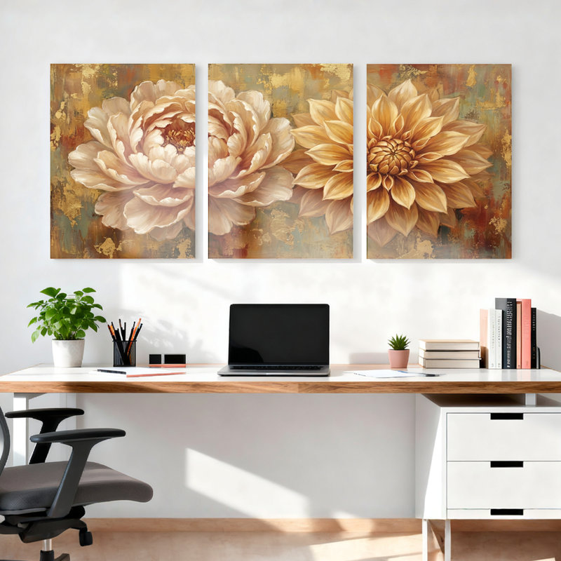 Ensemble de 3 tableaux sur toile tendue représentant des pivoines et des dahlias, pour la décoration du salon et de la chambre.