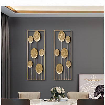 Ensemble de 2 décorations murales en feuille d'or dorées, art mural de luxe moderne en fer pour le salon de la chambre à coucher