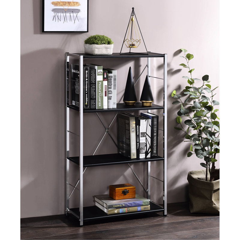 Black & 4 Tier Bookcase With Metal Frame And Veneer Shelf Units Contemporary Shelving Unit In Wood