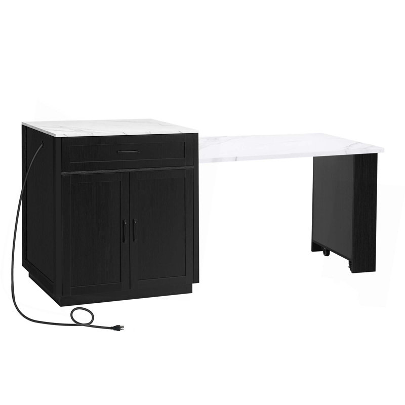 Îlot de cuisine avec table de salle à manger extensible pour 4 à 6 personnes, table de cuisine bicolore avec rangement double, prise de courant, îlot de cuisine avec rangement 2 tiroirs et 2 tablettes latérales ouvertes