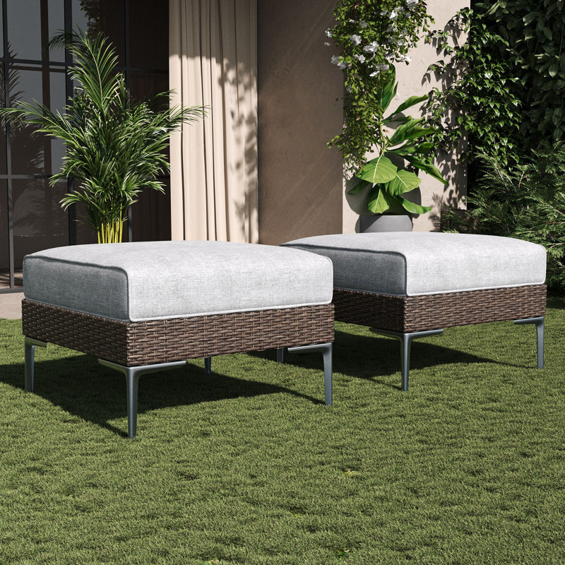  Modern Outdoor Wicker Rattan Patio Modular Ottomans (set Of 2) With 6-inch Thick Cushions, Grey