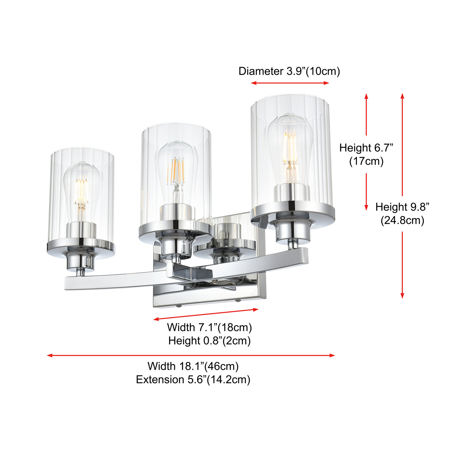 Dariela Dimmable Vanity Light, Chrome, 10" H x 18" W x 18" D, 3 Lights