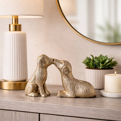Figurine mignonne de chien qui s'embrasse pour la maison - Sculpture décorative pour tablette, table d'appoint ou décoration de salon - 10 po, doré