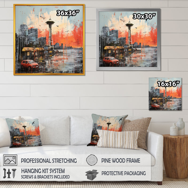 Seattle Pop Art Landscape - art mural Seattle, Cadre flottant doré, H 16 po x l 16 po x P 1 po