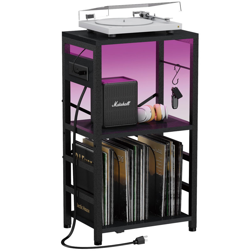Record Player Stand with LED Light, Black