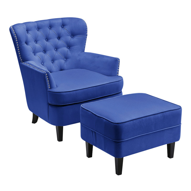 Epp Velvet Armchair with Footstool, Blue