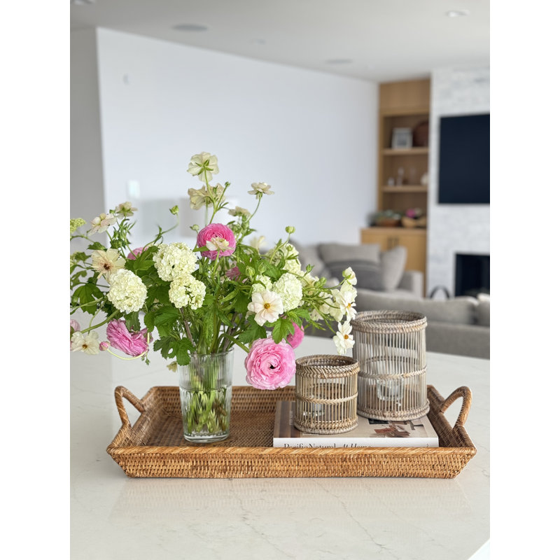 La Jolla Rattan Decorative Serving Tray with Ear Handles, Ottoman Tray, Brown