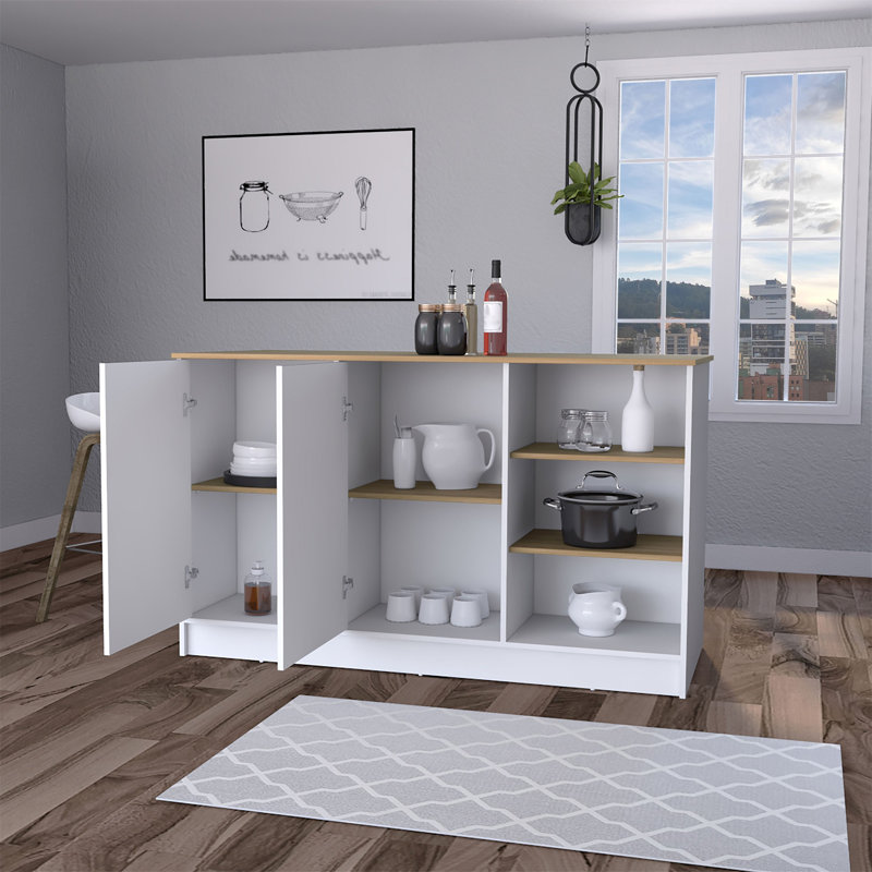 Îlot de cuisine 2 portes blanc et bois de frêne avec 3 tablettes ouvertes