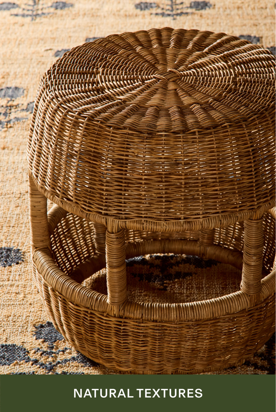 Natural Textures - wicker furniture piece with domed top on patterned area rug