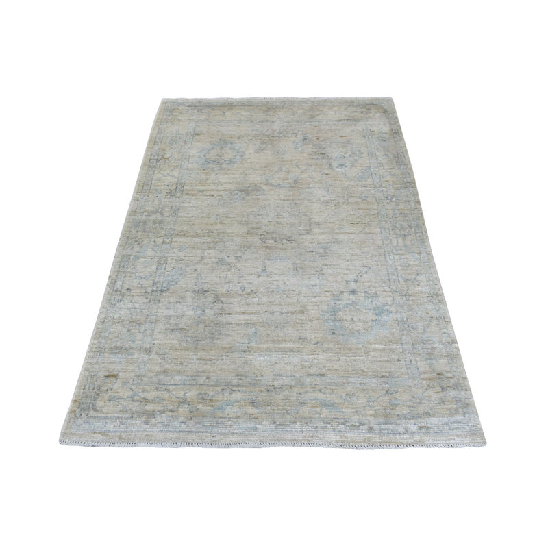 Tapis oriental gris en laine nouée à la main 4 pi x 5 pi 10 po Angora Oushak