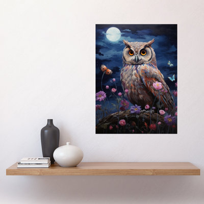 Wall Art Print Majestic Owl Portrait Oil Painting Great Horned Blue Full Moon in Spring Meadow with Wildflowers Poster