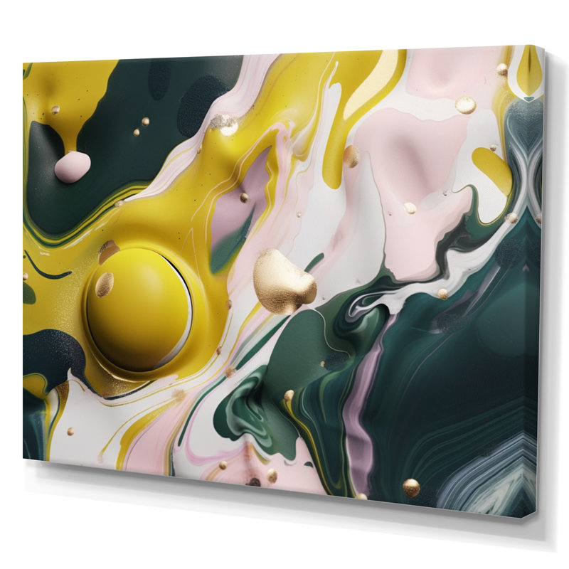 Jaune et vert pierre fluide I - impression abstraite sur toile de marbre, H 12 po x l 20 po x P 1 po, Toile tendue