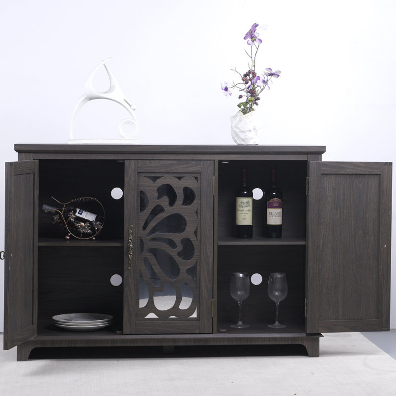 Buffet de comptoir spacieux avec 3 portes en miroir et tablettes réglables, Marron foncé