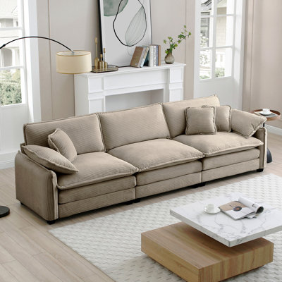 Mid-Century Modern 3-Seater Sectional Sofa With 2 Arm Pillows And 3 Throw Pillows Corduroy Fabric