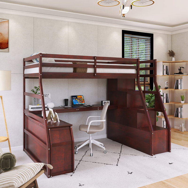 Lit mezzanine simple avec 7 tiroirs, 2 tablettes et un bureau, Brun