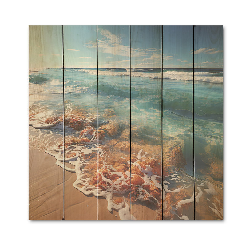 Aerial Beach View Symphony I - Coastal Beach Wood Wall Art On Natural Pine Wood, 15" H x 15" W