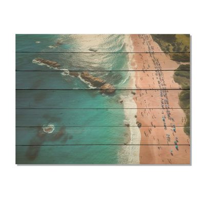 Bleu et rose plage vue aérienne V - plage et océan sur bois