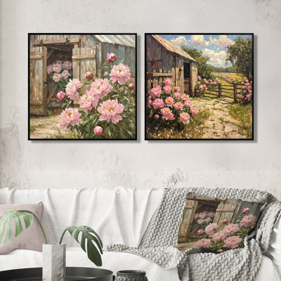 Pe pivoines par l'écurie cheval I - art mural pivoines - art mural traditionnel pour le salon 2 pièces