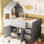 Lit mezzanine simple en bois gris avec toit en forme de maison avec détails de fenêtre, bureau coulissant coulissant et compartiments de rangement sous le plancher en bois massif, armoires à tiroirs multiples de style