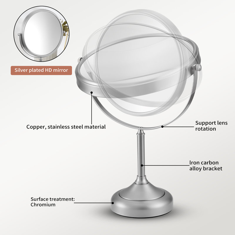 8 po X P 8 po H Petit miroir de maquillage de table rond grossissant 1 / 3X en noir, Nickel satiné