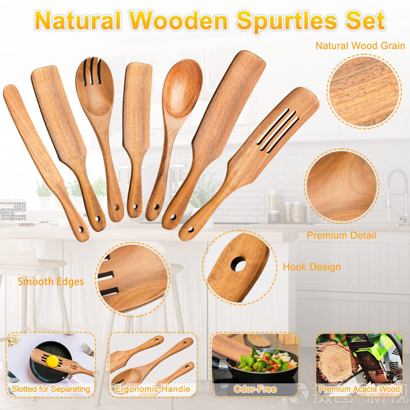 Natural Acacia Wood 7-Piece Spurtle Cooking Utensil Set