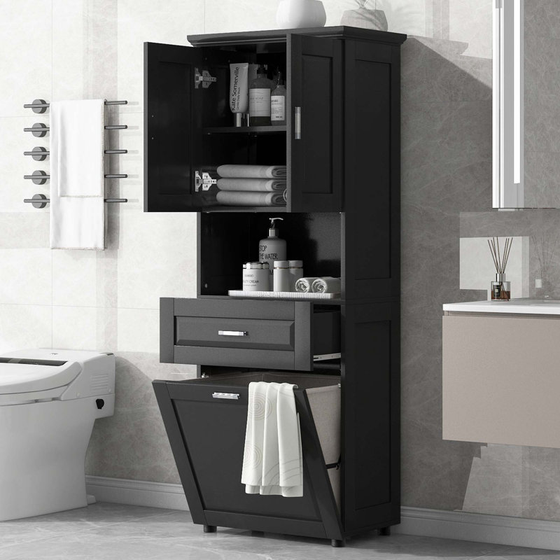 Tall Bathroom Cabinet With Laundry Basket, Black