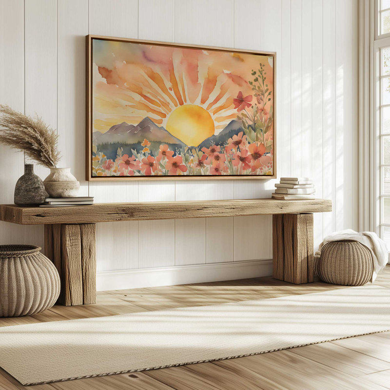 Fleurs et lueur du lever du soleil , Cadre flottant noir satiné, H 20,75 po x l 30,75 po x P 1,75 po, 1