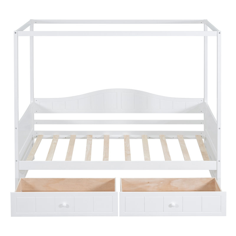 Lit de jour simple à baldaquin avec 2 tiroirs, structure en bois blanc, rangement et design moderne élégant