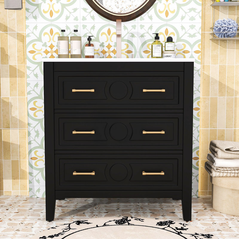 Élégant meuble-lavabo compact avec lavabo en céramique, tiroirs de rangement et protection anti-débordement, Noir