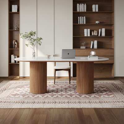 71" Modern Oval Writing Desk, Glossy Faux Marble Table Top, Double Wood Legs