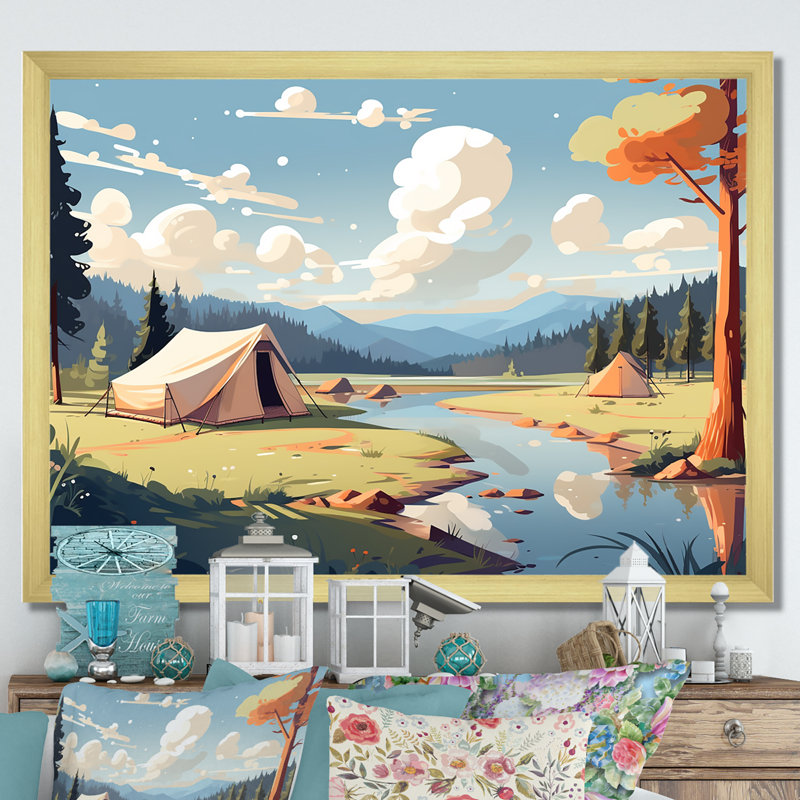 «Camping By The River Scenery II», reproduction sur toile, H 12 po x l 20 po x P 1 po, Cadre doré simple