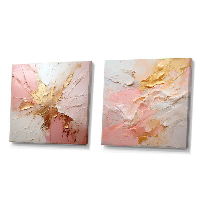 Fusion de peinture dorée et rose - ensemble de 2 collages carrés de peinture abstraite, Toile tendue, H 36 po x l 73 po