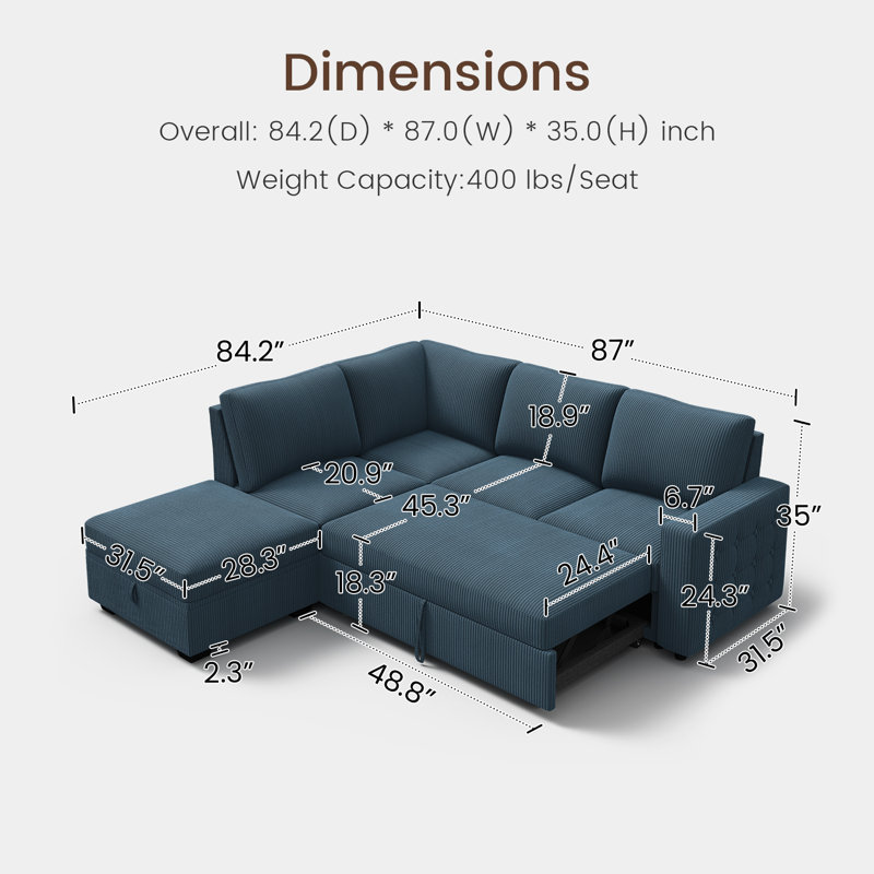 Brunella L Shaped Upholstered Corduroy Sleeper Sectional Sofa Blue, 35" H x 87" W x 84.2" D, Blue Corduroy
