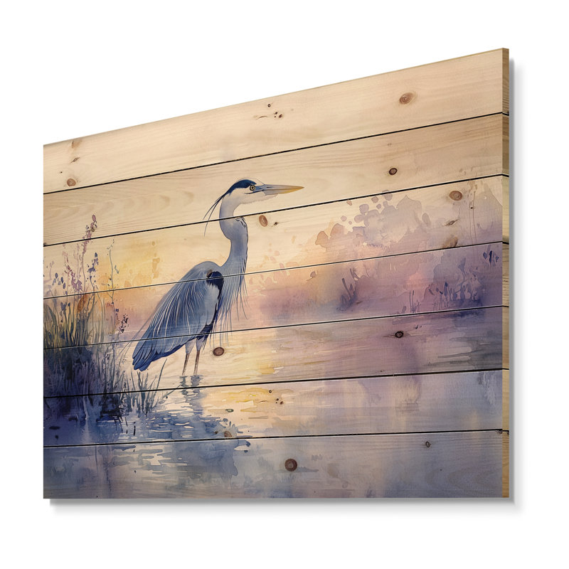 Héron rose et bleu au crépuscule III - Héron, décoration murale en bois animal - sur bois de pin naturel