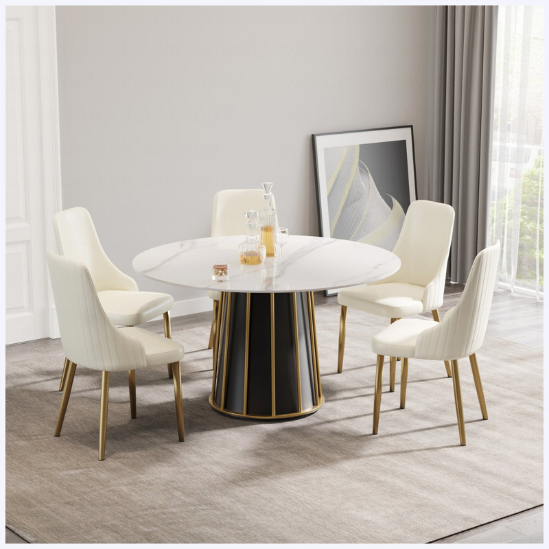 Table de salle à manger 53,15 po en pierre artificielle moderne avec panneau blanc et base en fer, pour 6 personnes, White