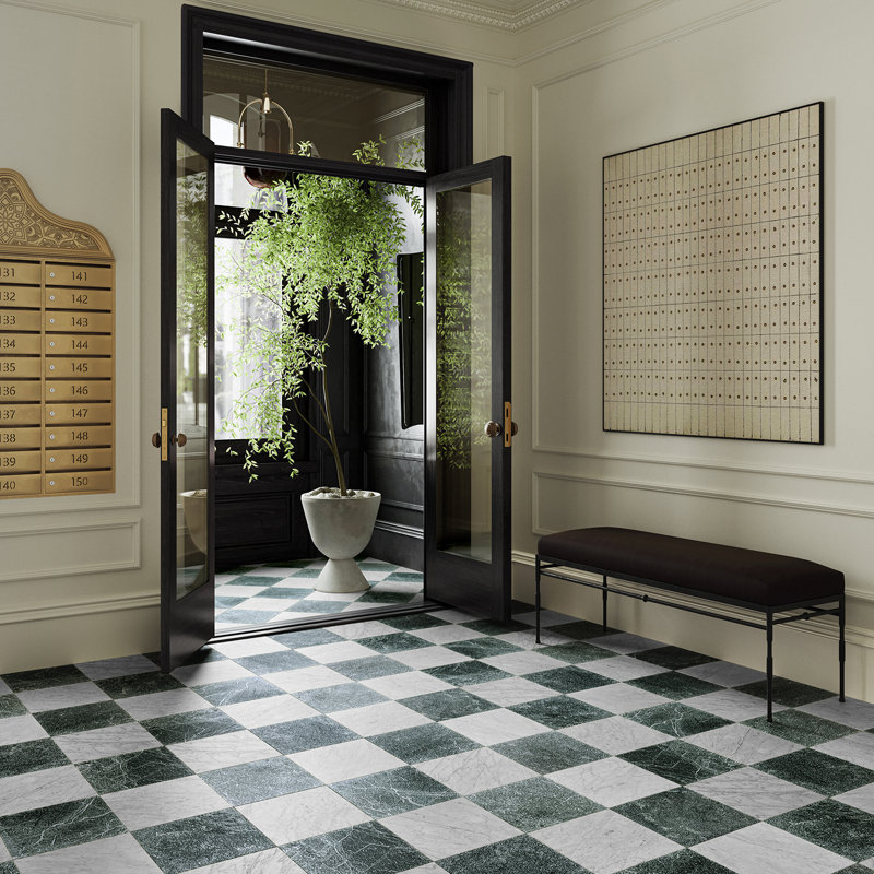 Avanti 12 In. X 12 In. Tumbled Marble Checkerboard Tile, Verde and Bianco Carrara