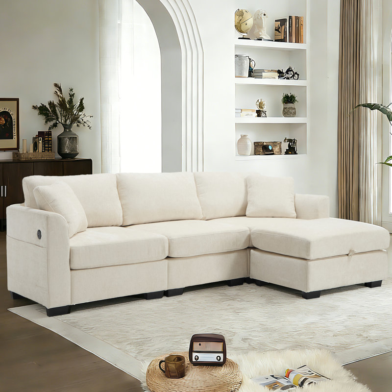 Beige Chenille Sectional Sofa,Couch with Storage Ottoman and USB Charge Ports, Beige Chenille