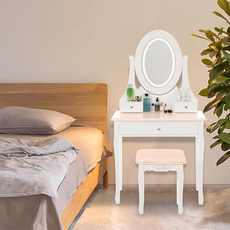Girl Vanity Desk with Mirror and Lights, Wood Makeup Dressing Table with Stool,3 Colors Lighting Modes for Kids Girls Women (White)