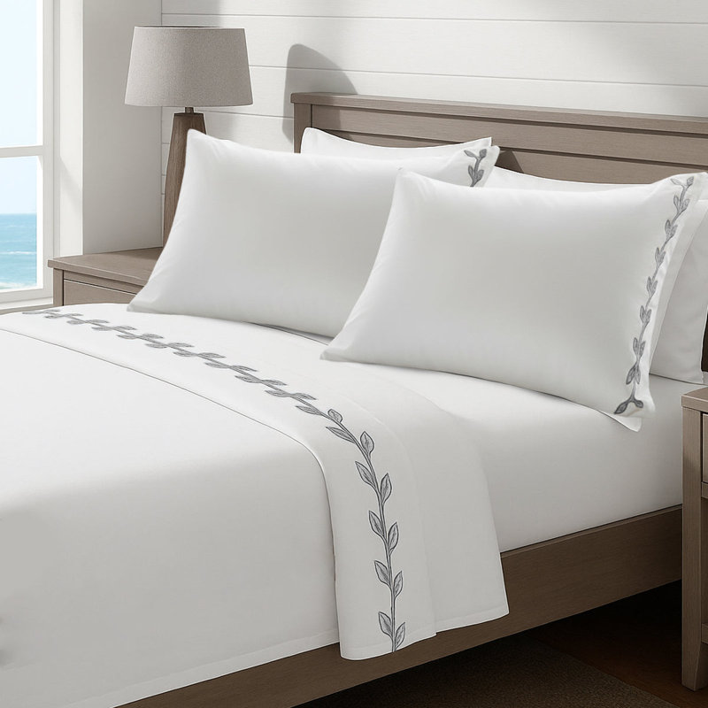 Layered Leaf Applique Cotton Sheet Set, Light Gray/White, Twin XL Fitted Sheet