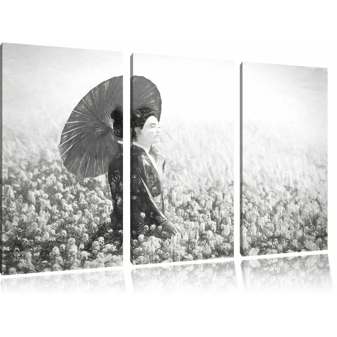 3-tlg. Leinwandbild-Set „Geisha auf dem Feld“, Kunstdruck