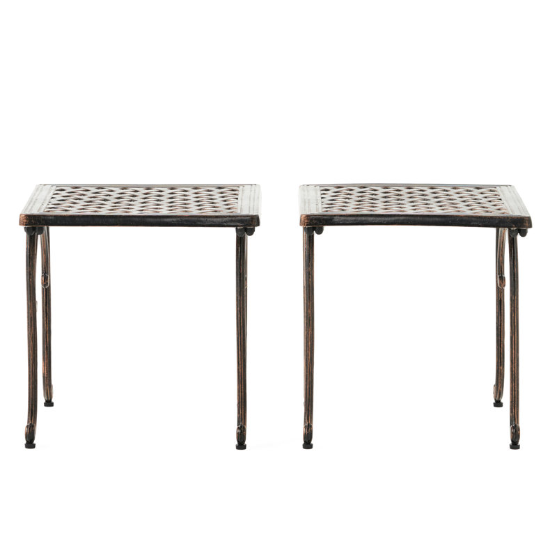 2Pcs Cast Aluminum Patio Tables - Kd 18" H X W Antique Square Tabletop With Curly Legs And Woven For Backyard Garden Outdoor Of 2 Weathered Copper Finish