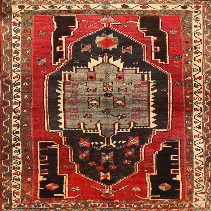 Tapis traditionnel rouge / noir, Carré 7 pi