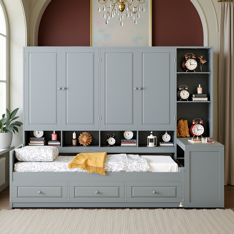 Lit de jour en bois avec bureau, armoires, tablettes ouvertes et tiroirs de rangement, lit multifonctionnel, Lit simple, Gris