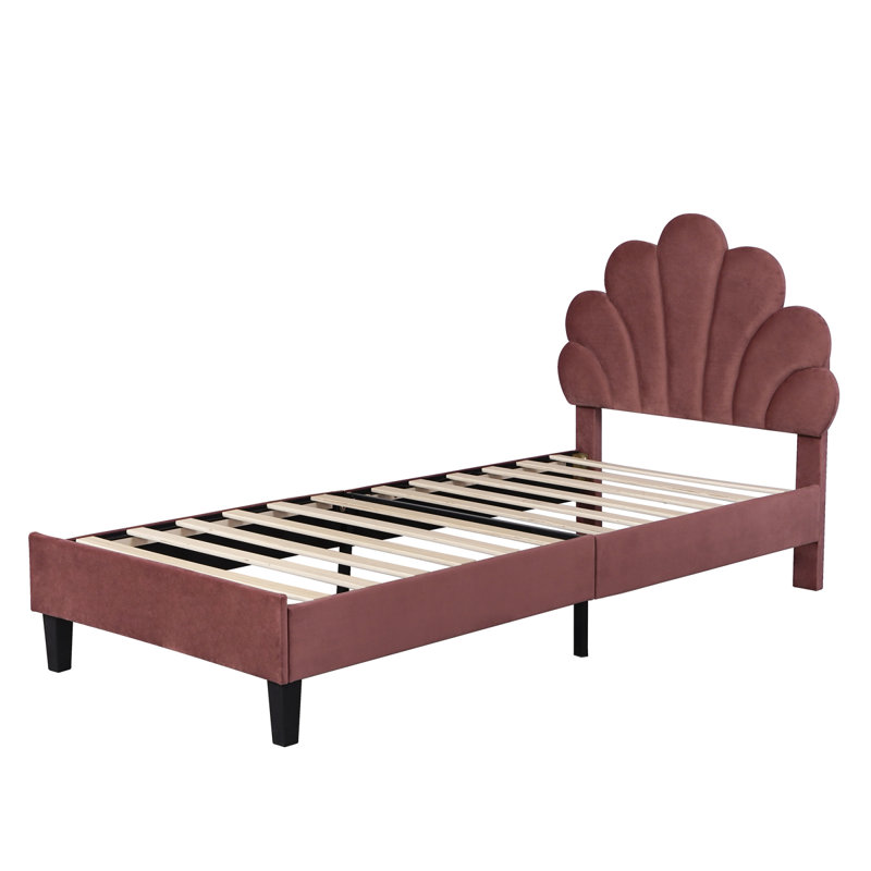 EU Single (90X200cm) Scalloped Shell Bed, Glam Upholstered Platform Frame, Burgundy & Beige Velvet, Red