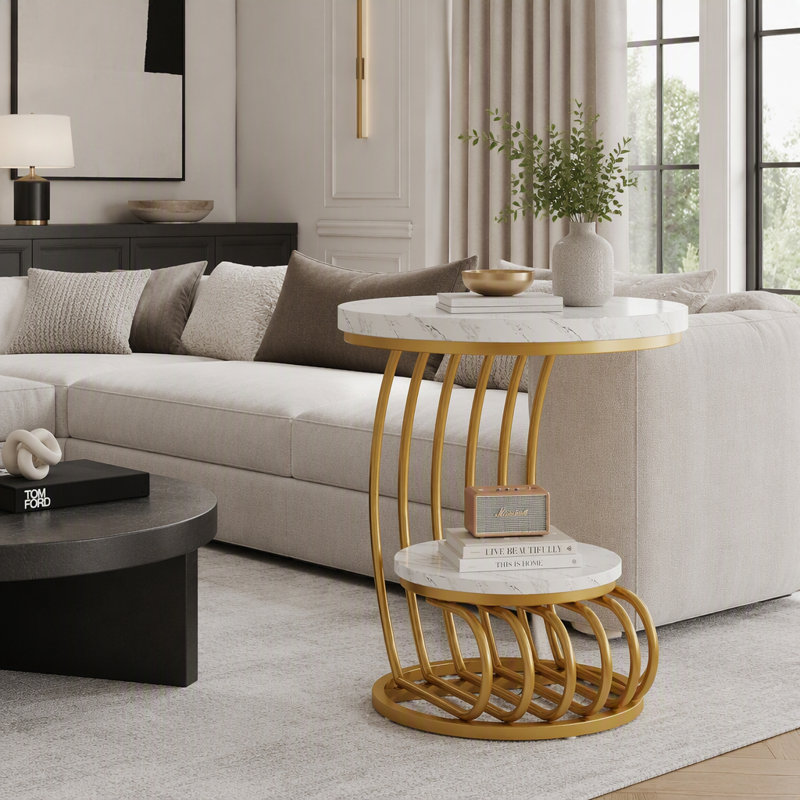 Table d'appoint moderne en faux marbre de 50 cm (19,68 po) avec rangement, Blanc et or