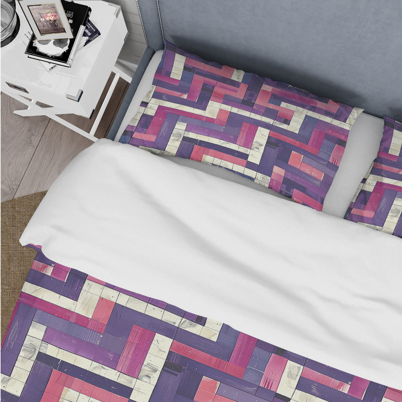 Ensemble de housse de couette mauve et rose Midcentury Maze, Housse de couette simple + 2 taies décoratives st